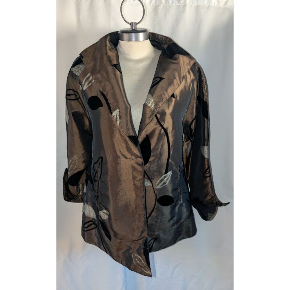 Dorman Women’s Jacket Blouse M Bronze Black Sheer Burnout Leaf Shimmer 1 Button